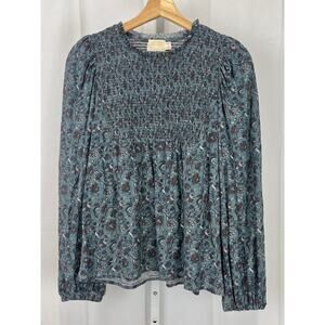 NATION LTD Printed Romy Top Puff Long Sleeve Pullover Cotton Blue Purple Size S